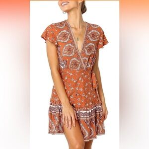 Boutique Summer Wrap V Neck Bohemian Floral Print Ruffle Swing A Line Mini Dress